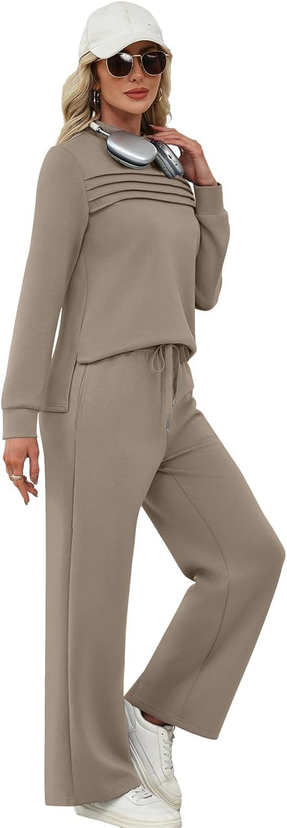 Two Piece Sets for Women Fall Travel Vacation Outfits 2026 Long Sleeve Lounge Sets Side Slit Wide Leg Pants S-3XL