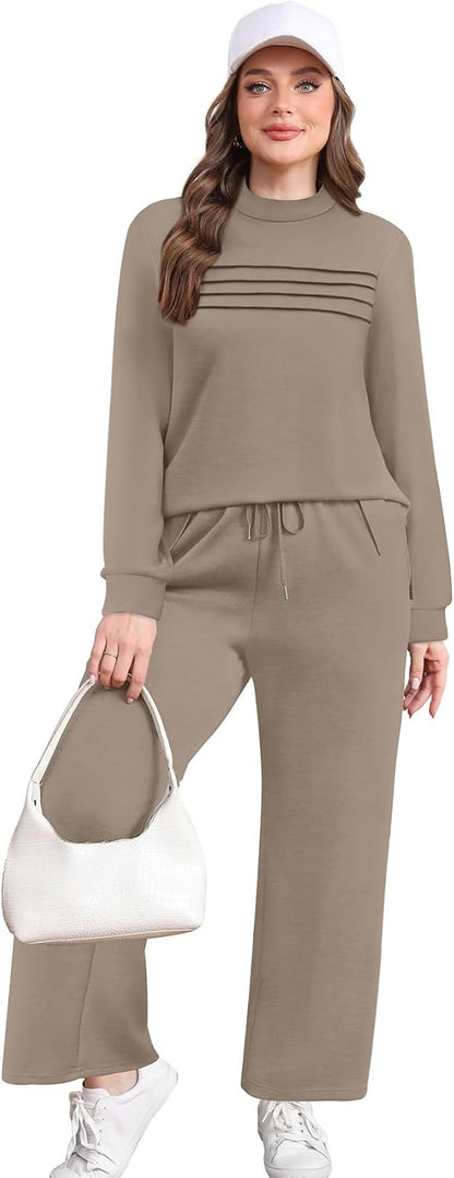 Two Piece Sets for Women Fall Travel Vacation Outfits 2026 Long Sleeve Lounge Sets Side Slit Wide Leg Pants S-3XL