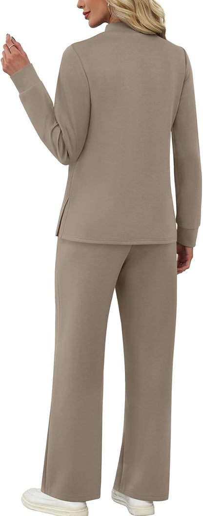 Two Piece Sets for Women Fall Travel Vacation Outfits 2026 Long Sleeve Lounge Sets Side Slit Wide Leg Pants S-3XL